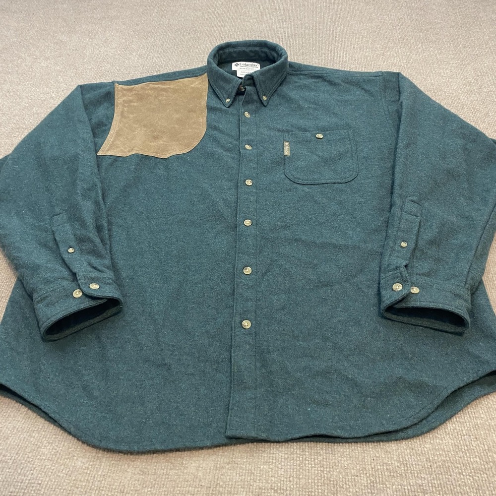 Columbia Shirt Mens XL Green Wool Flannel Long Sleeve Button Front Hunting VTG